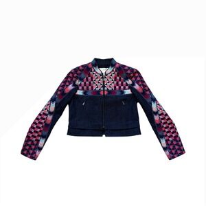 BCBGMaxazria Runway Denim Embroidered boho multicolor Zip up jacket M‎